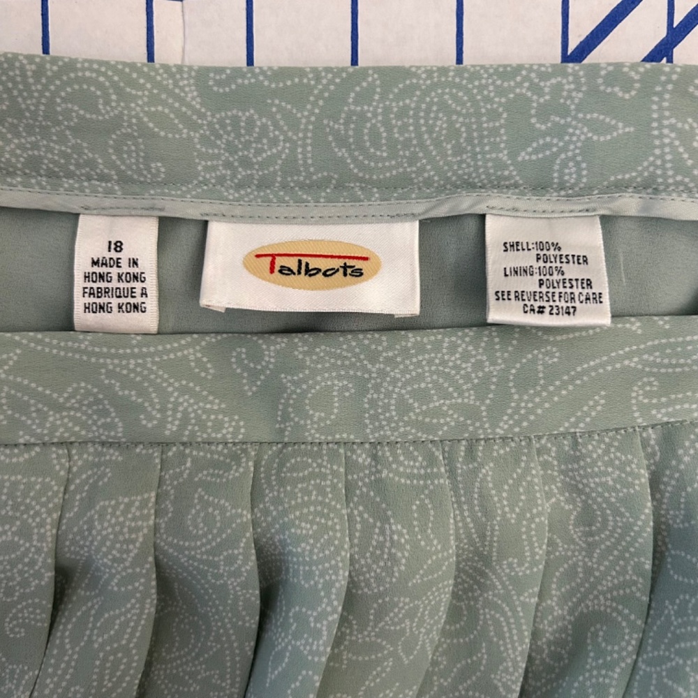 Talbot’s Pale Mint Green W/white Paisley Pattern Pleated MIDI Skirt Size 18 - Picture 4 of 10